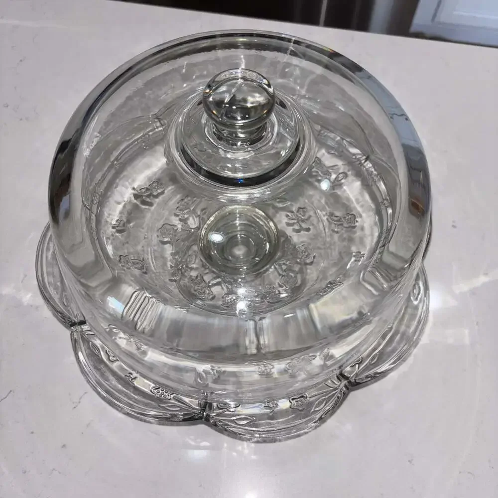 Anchor Hocking Savannah Clear Glass Cake Stand with Dome Lid Floral Scalloped